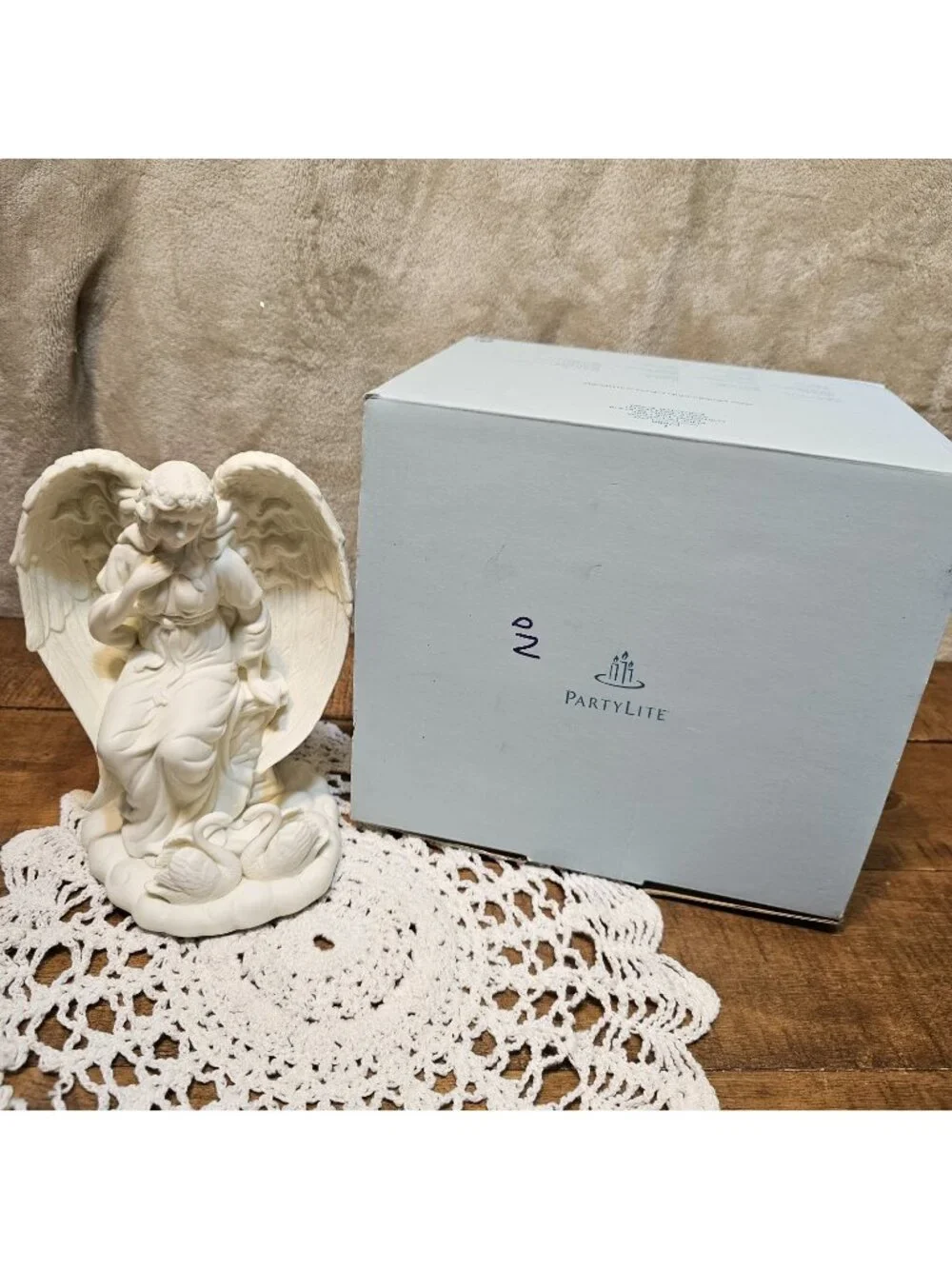 Party Lite Porcelain Bisque  ANGEL OF LOVE Taper Candle Holder With Swans W/Box